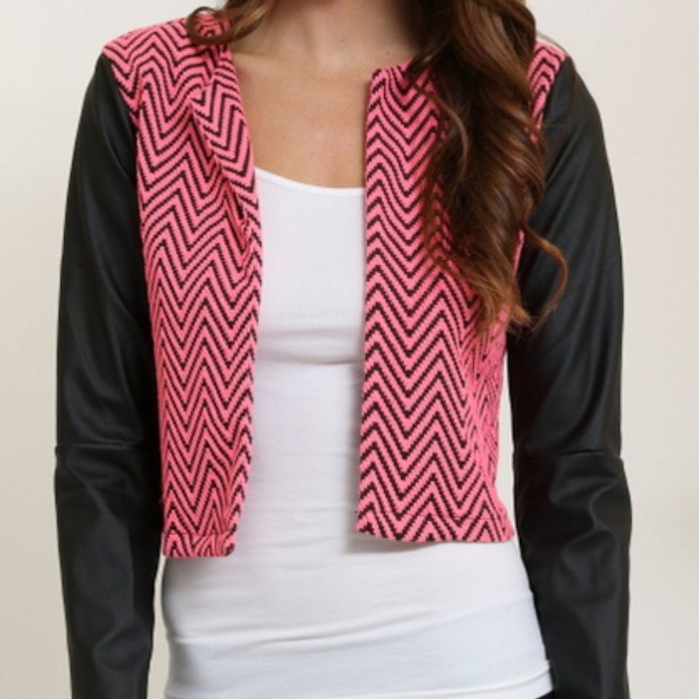 Fuschia Print Jacket w/ Faux leather sleeves - Picture 1 of 12